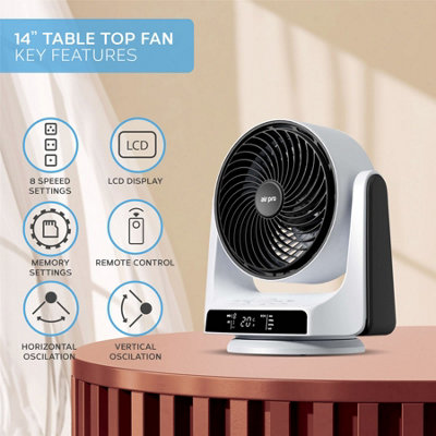 Air Pro Desk Fan Ultra Quiet Air Cooling & Circulator Table Fan - 8 Speeds, 4 Mode Settings 90 Degree Variable Tilt - White/Black