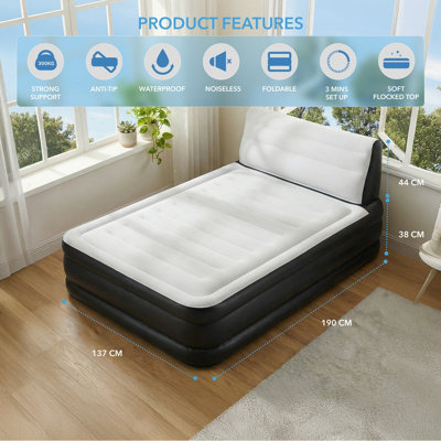 Air Pro Double Size Inflatable Air Mattress with Headboard Built-In Electric Pump Quick 3 Min Self Inflating Airbed - 190x137x46cm