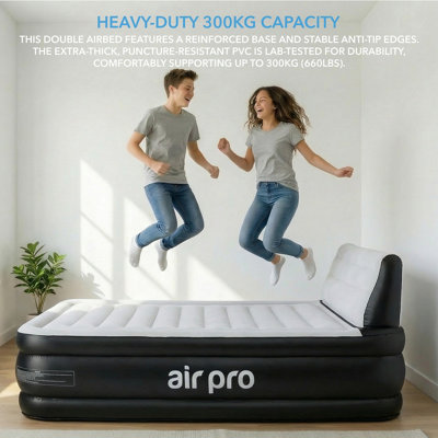 Air Pro Double Size Inflatable Air Mattress with Headboard Built-In Electric Pump Quick 3 Min Self Inflating Airbed - 190x137x46cm