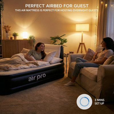 Air Pro Double Size Inflatable Air Mattress with Headboard Built-In Electric Pump Quick 3 Min Self Inflating Airbed - 190x137x46cm