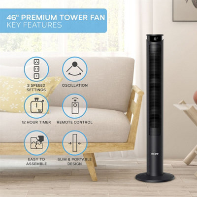Air Pro Smart 46" Tower Fan Tall Oscillating Bladeless Fan with Remote 3 Speed Quiet Cooling Fan - 4 Modes, 12H Timer - Black