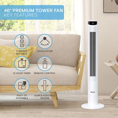 Air Pro Smart 46" Tower Fan Tall Oscillating Bladeless Fan with Remote 3 Speed Quiet Cooling Fan - 4 Modes, 12H Timer - White