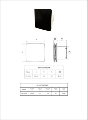 AirTech-UK Bathroom Extractor Fan 150mm/6 Matte Black Glass with Timer Sensor VF-W6GP