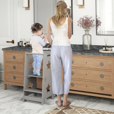 AIYAPLAY 2-in-1 Toddler Step Stool with Safety Rail for Kitchen, Grey