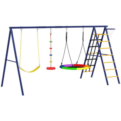 AIYAPLAY 6 in 1 Kids Swing Set with 3 Swings, Climbing Net and Ladder