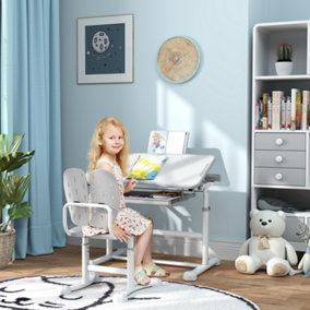 AIYAPLAY Height Adjustable Kids Desk and Chair Set w/ Tilted Desktop, Grey