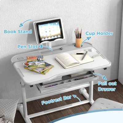 AIYAPLAY Height Adjustable Kids Desk and Chair Set w/ Tilted Desktop, Grey