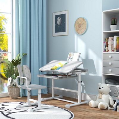 AIYAPLAY Height Adjustable Kids Desk and Chair Set w/ Tilted Desktop, Grey