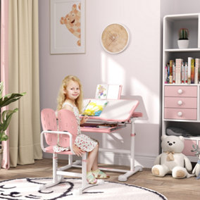 AIYAPLAY Height Adjustable Kids Desk and Chair Set w/ Tilted Desktop, Pink