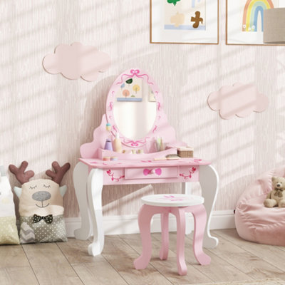 AIYAPLAY Kids Dressing Table Set, Two-Piece Children Vanity Table with Stool