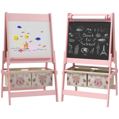 AIYAPLAY Kids Easel with Paper Roll, Blackboard, Whiteboard, Storage, Pink