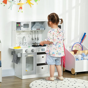 AIYAPLAY Toy Kitchen Playset w/ Lights, Sounds, Apron, Chef Hat - White
