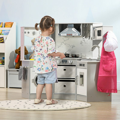 AIYAPLAY Toy Kitchen Playset w Running Water Apron and Chef Hat Grey