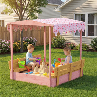 AIYAPLAY Wooden Sandbox with Lid, Canopy, Seat, Bottom Liner, Pink