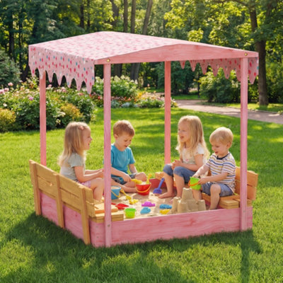 AIYAPLAY Wooden Sandbox with Lid, Canopy, Seat, Bottom Liner, Pink