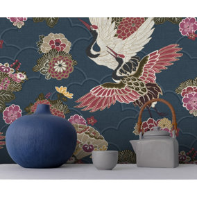 Akari Kyoto Crane Navy and Magenta Wallpaper