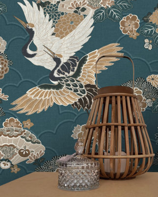 Akari Kyoto Crane Teal Wallpaper