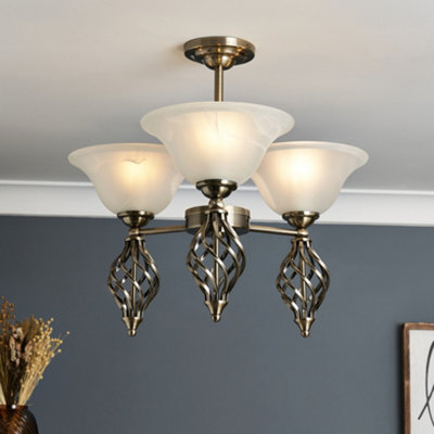 Alabaster 3 Light Spiral Semi Flush Ceiling Light - Antique Brass