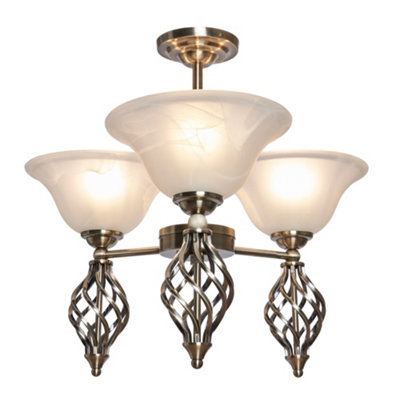 Alabaster 3 Light Spiral Semi Flush Ceiling Light - Antique Brass