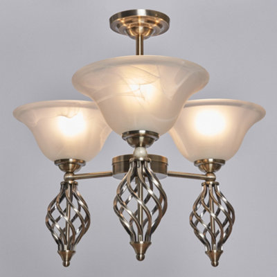 Alabaster 3 Light Spiral Semi Flush Ceiling Light - Antique Brass