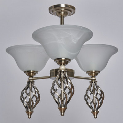 Alabaster 3 Light Spiral Semi Flush Ceiling Light - Antique Brass