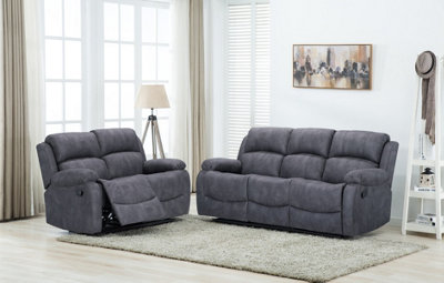 Alaska Grey Suede Fabric Sofa Suite Manual Reclining Sofa Set 3 + 2 Seater Sofas High Back