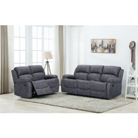 Alaska Grey Suede Fabric Sofa Suite Manual Reclining Sofa Set 3 + 2 Seater Sofas High Back