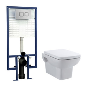 Alba Soft Square Wall Hung Toilet Pan, Soft Close Seat & Concealed Cistern with Square Push Button Plate, 360mm  - Balterley