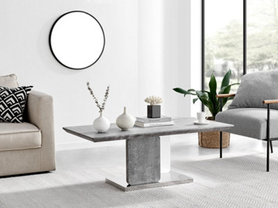 Alba Stone Effect White Gloss & Chrome Coffee Table - Minimalist Modern Design - Grey White & Silver Metal Coffee Table