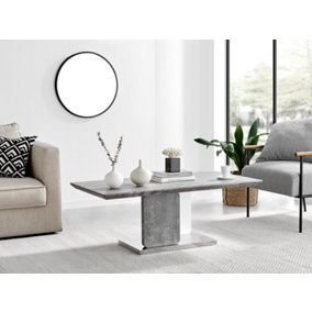 Alba Stone Effect White Gloss & Chrome Coffee Table - Minimalist Modern Design - Grey White & Silver Metal Coffee Table