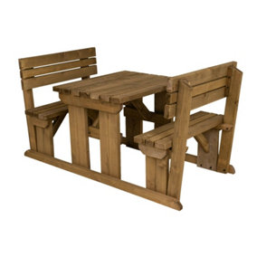 Alders wooden picnic bench and table set, outdoor dining set with backrest (3ft, Rustic brown)