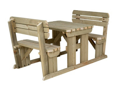 Alders wooden picnic bench and table set, rounded outdoor dining set with backrest (3ft, Natural finish)