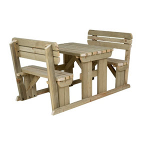 Alders wooden picnic bench and table set, rounded outdoor dining set with backrest (3ft, Natural finish)