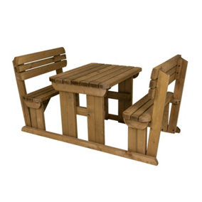 Alders wooden picnic bench and table set, rounded outdoor dining set with backrest (3ft, Rustic brown)