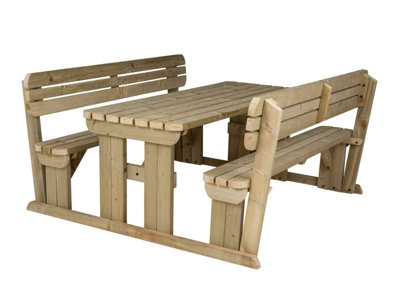 Alders wooden picnic bench and table set, rounded outdoor dining set with backrest (5ft, Natural finish)