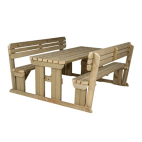 Alders wooden picnic bench and table set, rounded outdoor dining set with backrest (5ft, Natural finish)