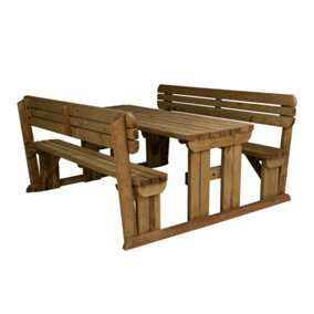 Alders wooden picnic bench and table set, rounded outdoor dining set with backrest (5ft, Rustic brown)