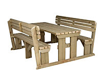 Alders wooden picnic bench and table set, rounded outdoor dining set with backrest (8ft, Natural finish)