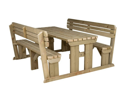 Alders wooden picnic bench and table set, rounded outdoor dining set with backrest (8ft, Natural finish)