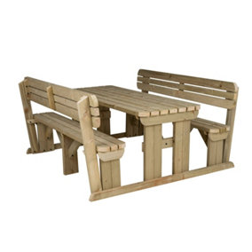 Alders wooden picnic bench and table set, rounded outdoor dining set with backrest (8ft, Natural finish)