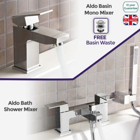 Aldo Bathroom Chrome Solid Brass Basin Mixer Tap & Bath Shower Mixer Tap + Waste