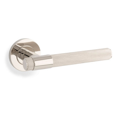 Alexander & Wilks Knurled Kingstone Lever on Round Rose - Polished Nickel PVD