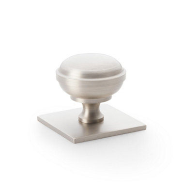 Alexander & Wilks Quantock Cupboard Knob on Square Backplate - Satin Nickel - 38mm