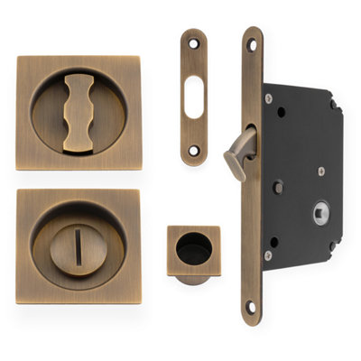 Alexander & Wilks Sliding Door Lock Set - Square Roses - Radius Forend & Strike-Antique Brass