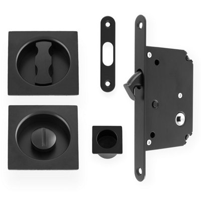 Alexander & Wilks Sliding Door Lock Set - Square Roses - Radius Forend & Strike-Black