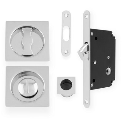 Alexander & Wilks Sliding Door Lock Set - Square Roses - Radius Forend & Strike-Polished Chrome
