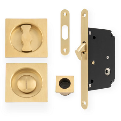 Alexander & Wilks Sliding Door Lock Set - Square Roses - Radius Forend & Strike-Satin Brass PVD