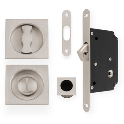 Alexander & Wilks Sliding Door Lock Set - Square Roses - Radius Forend & Strike-Satin Nickel