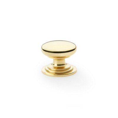 Alexander & Wilks Waltz Round Cupboard Knob on Stepped Rose - Polished Brass - 32mm