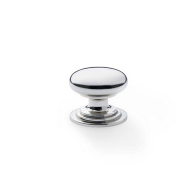 Alexander & Wilks Waltz Round Cupboard Knob on Stepped Rose - Polished Nickel - 32mm